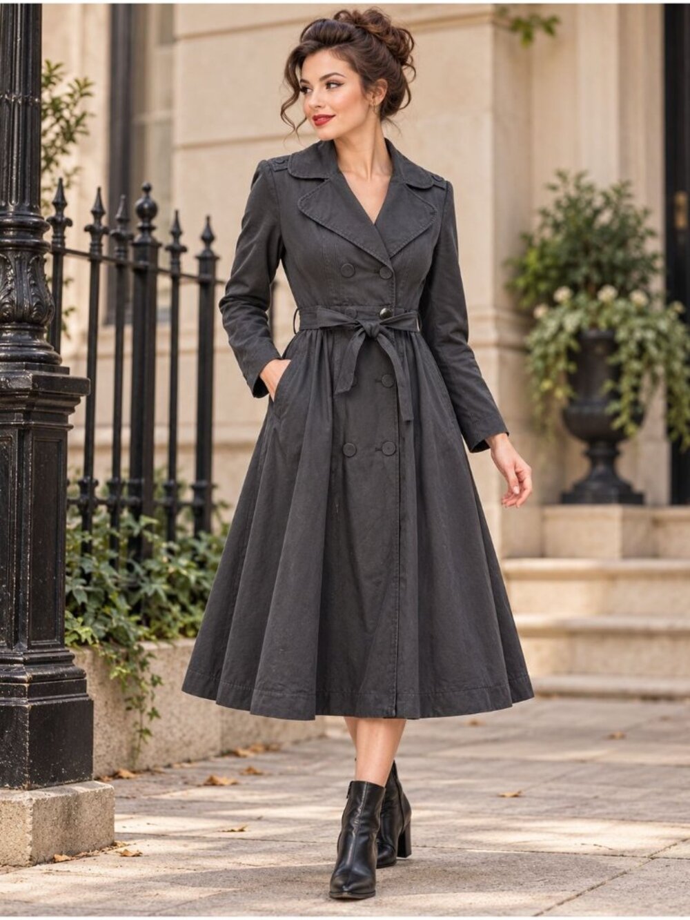 Tatyana Charcoal Gray Belted Trench Coat Rockabilly Pin-Up Retro Size L